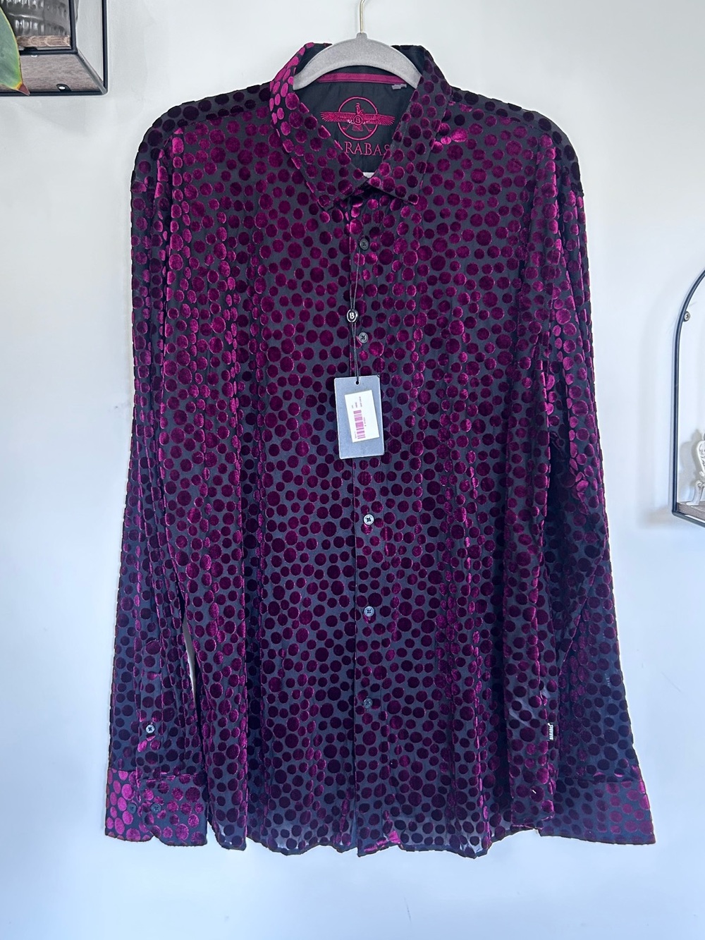 NWT Barabas Maroon & Black Velvet Log Sleeve Button Up Shirt Size 3XL